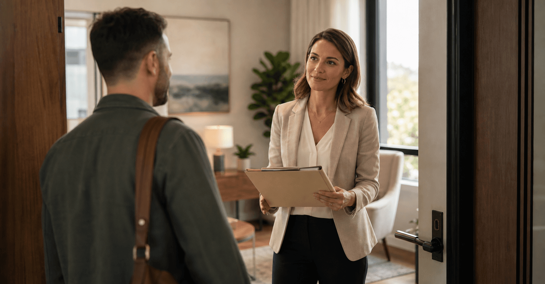 Consultant welcoming a client at the doorway with a prepared intake folder ready before the first session