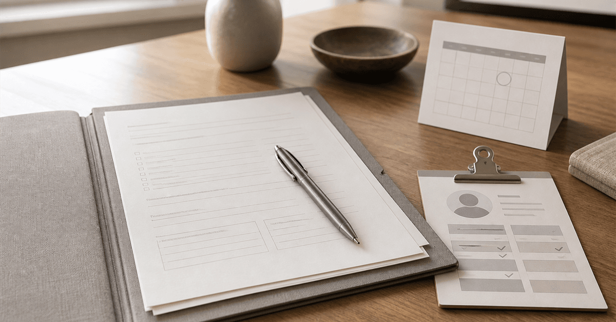 Editorial still life of a coaching intake folder, summary card, and appointment calendar on a desk