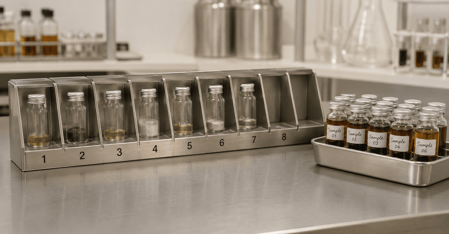 Editorial lab-bench scene showing a numbered sequence of sample vials and a tray of completed labeled outputs