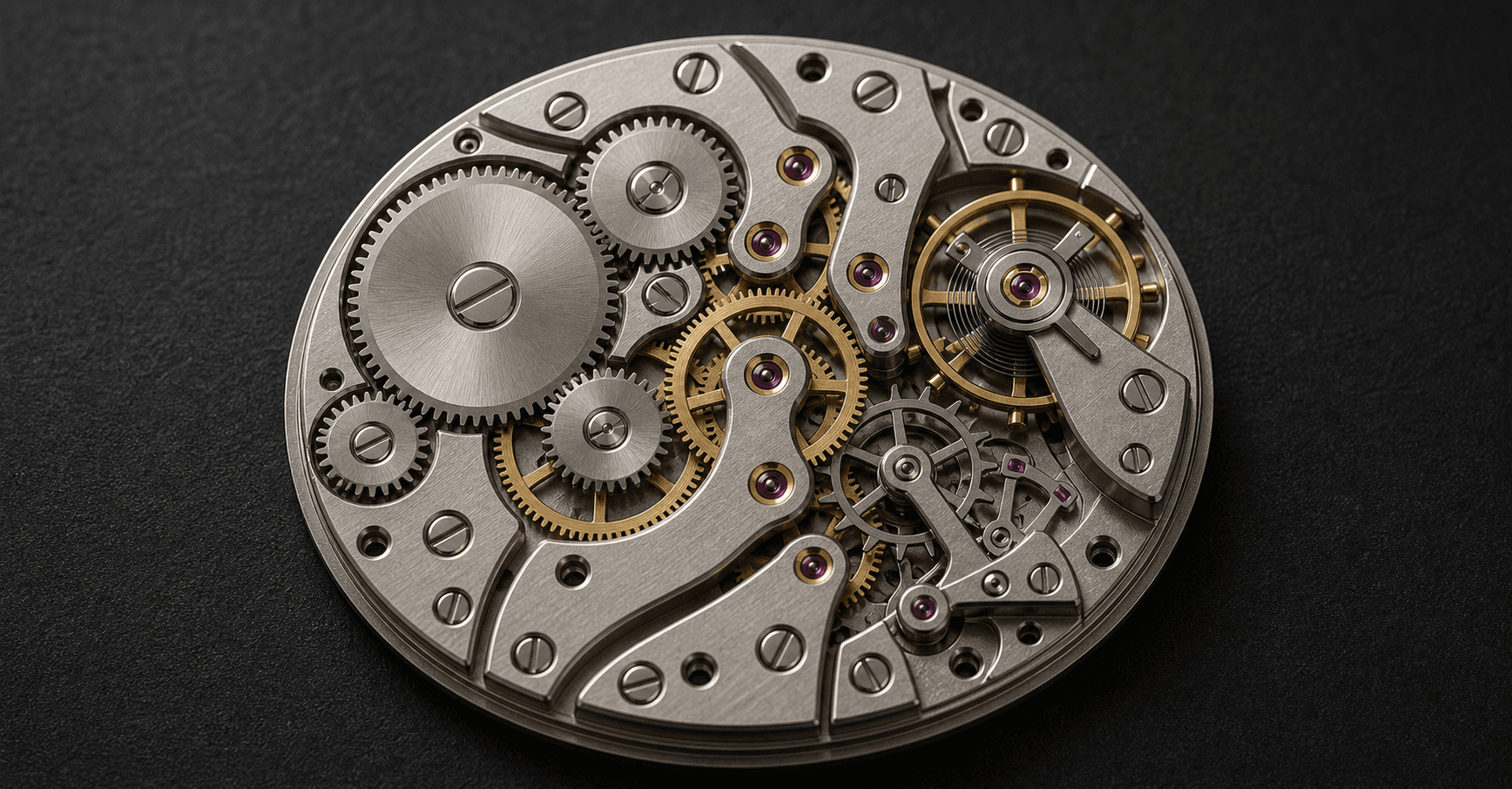 Top-down editorial macro photograph of an exposed mechanical watch movement with the gear train fully engaged, conveying hidden structure carrying sequence and output