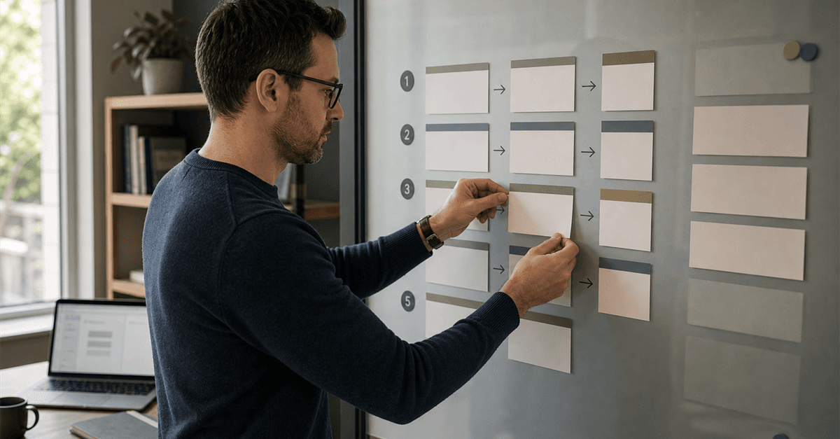 Consultant arranging blank process cards on a glass board to turn a loose AI workflow into a structured method