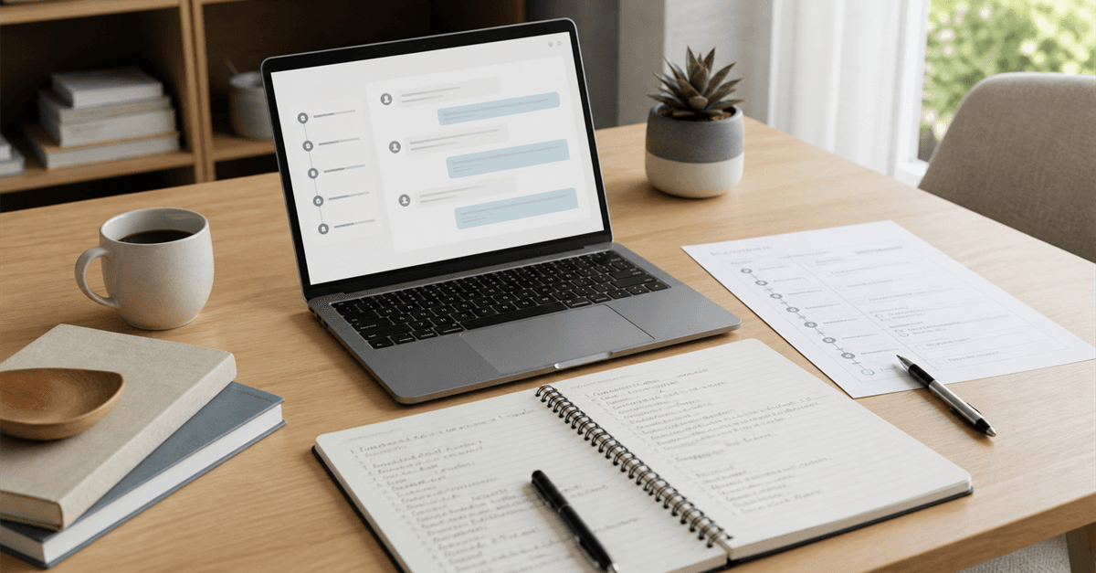 Editorial-style image showing a structured coaching workflow with a laptop, worksheet, and organized session notes