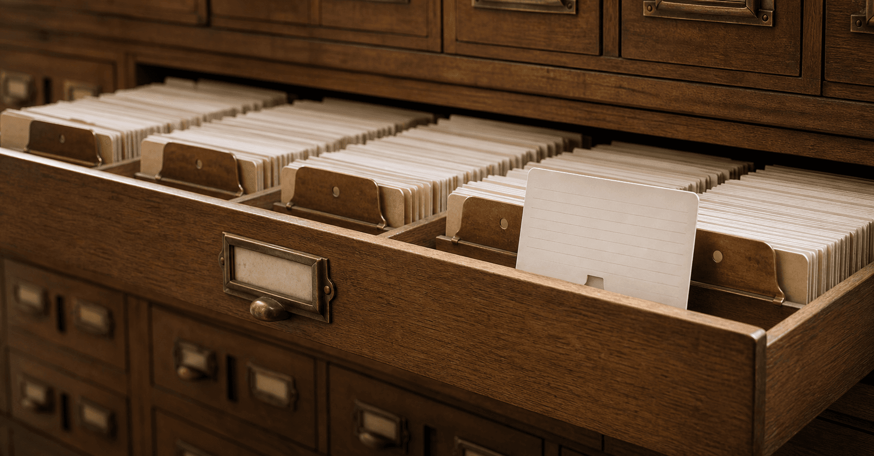 Editorial photograph of a wooden archival card-catalog drawer with brass dividers and one completed record card pulled forward, conveying structured capture and a saved reviewable record