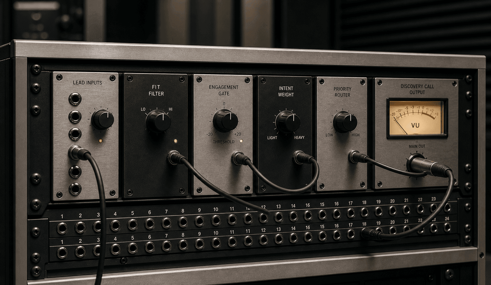 Editorial photograph of an analog audio routing rack with one lead signal passing through control stages before the main output, representing structured AI lead qualification.