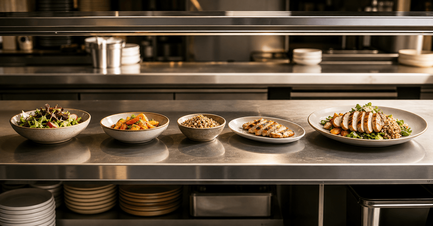 Editorial kitchen pass showing a left-to-right sequence of plated components, representing a structured intake that leads to a finished client record