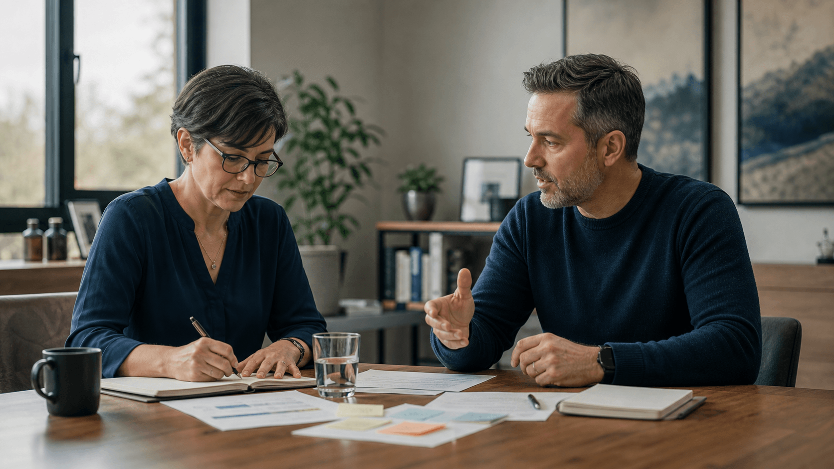 Photorealistic office scene of two coaching professionals reviewing notes together at a desk, representing AI tools assigned to distinct coaching jobs