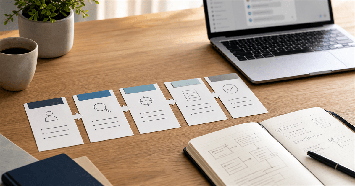 Top-down editorial still life of a consulting framework arranged into numbered workflow cards beside a laptop and notebook